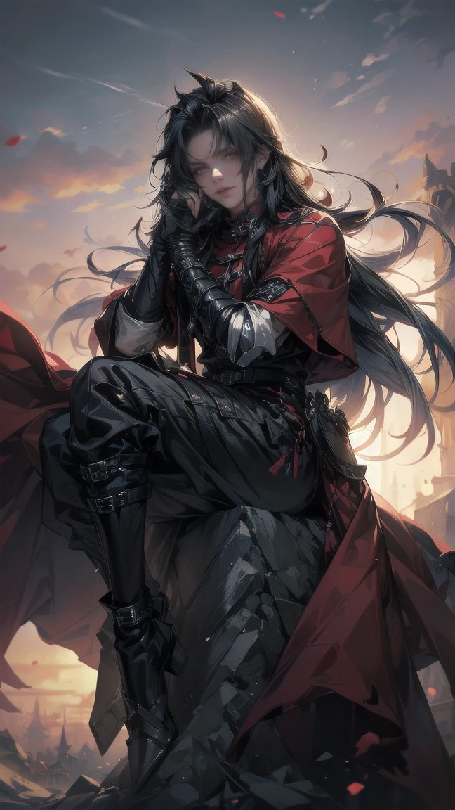 (pressurdos, High resolutions, ultra detailed, HDR), masterpiece, Best quality, last fantasy VII, Vincent Valentine, only 1 person, Beautiful, wide, black hair, Bright red eyes, Beautiful eyes and a detailed face, armor, ((Intricate weapons)), Sitting on the throne, legs open, fake smile, irritating. last fantasy, press, Cool pose, Anime boy on the bed, putting your hands on your head, beautiful anime pose, Anime hombre Beautiful, anime male character, Cool anime 8K, Detailed art of anime characters, HDR Anime McManus Anime Concept, Anime boy, Ikuto Yamashita, CG anime soft art, manga wallpaper 4k, inspired by Yamagata Hiro, Anime wallpaper