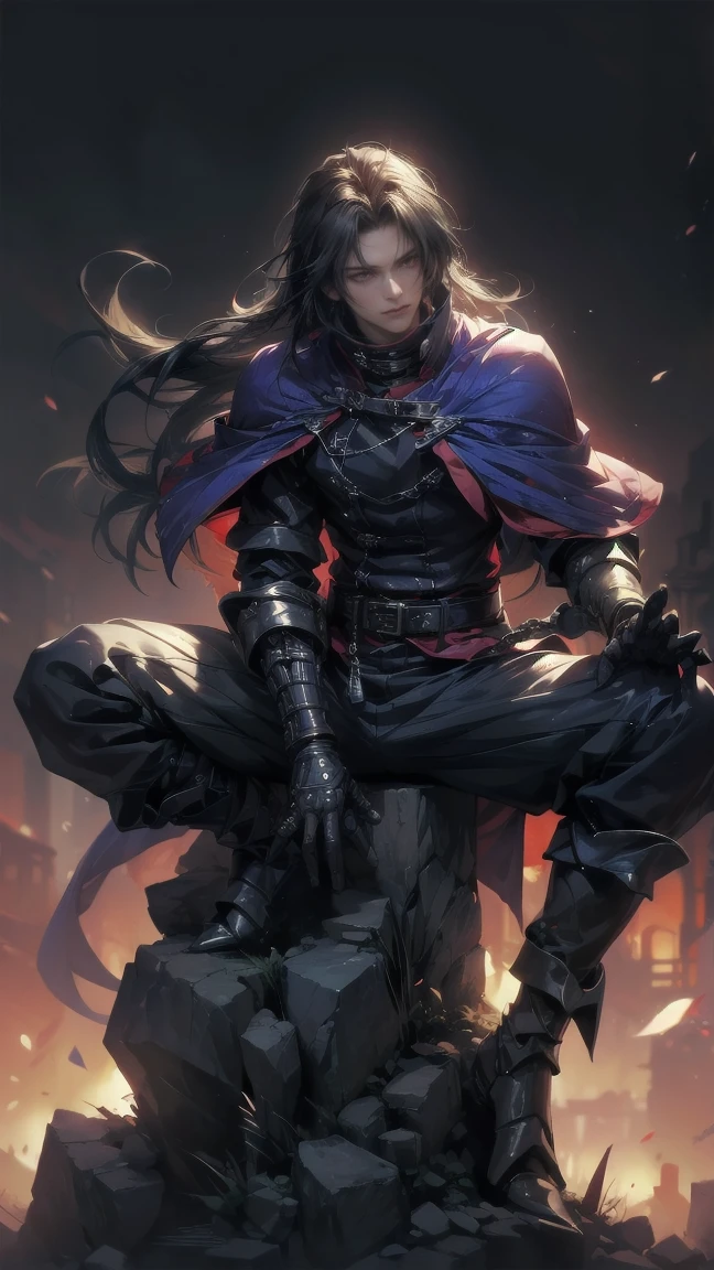 (pressurdos, High resolutions, ultra detailed, HDR), masterpiece, Best quality, last fantasy VII, Vincent Valentine, only 1 person, Beautiful, wide, black hair, Bright red eyes, Beautiful eyes and a detailed face, armor, ((Intricate weapons)), Sitting on the throne, legs open, fake smile, irritating. last fantasy, press, Cool pose, Anime boy on the bed, putting your hands on your head, beautiful anime pose, Anime hombre Beautiful, anime male character, Cool anime 8K, Detailed art of anime characters, HDR Anime McManus Anime Concept, Anime boy, Ikuto Yamashita, CG anime soft art, manga wallpaper 4k, inspired by Yamagata Hiro, Anime wallpaper