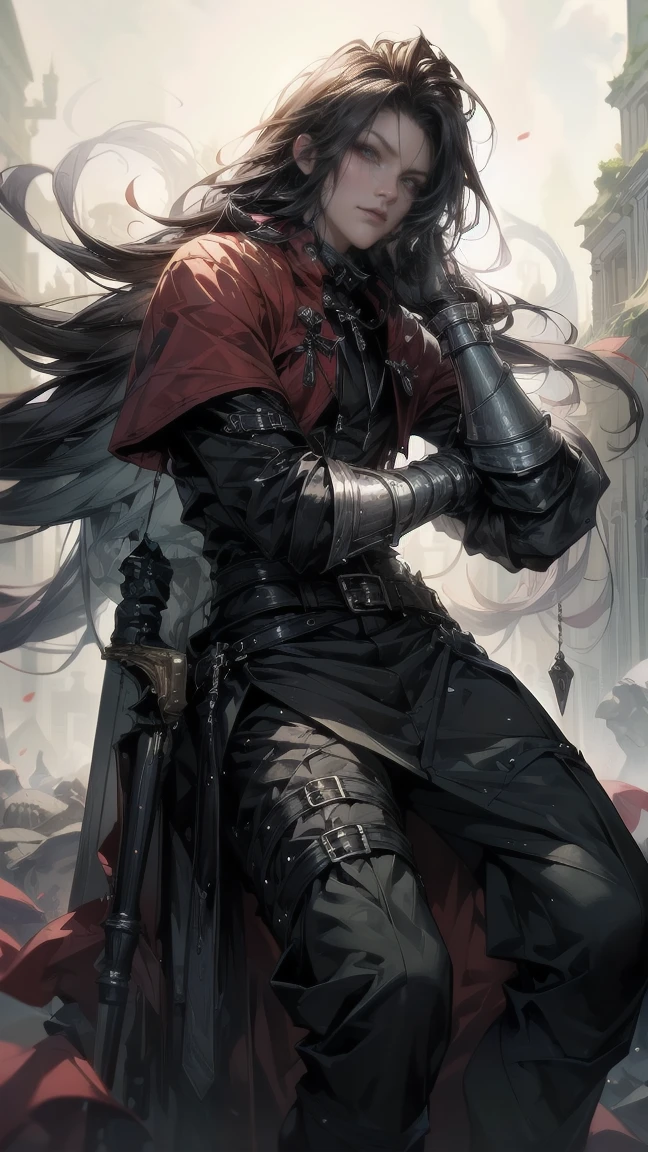 (pressurdos, High resolutions, ultra detailed, HDR), masterpiece, Best quality, last fantasy VII, Vincent Valentine, only 1 person, Beautiful, wide, black hair, Bright red eyes, Beautiful eyes and a detailed face, armor, ((Intricate weapons)), Sitting on the throne, legs open, fake smile, irritating. last fantasy, press, Cool pose, Anime boy on the bed, putting your hands on your head, beautiful anime pose, Anime hombre Beautiful, anime male character, Cool anime 8K, Detailed art of anime characters, HDR Anime McManus Anime Concept, Anime boy, Ikuto Yamashita, CG anime soft art, manga wallpaper 4k, inspired by Yamagata Hiro, Anime wallpaper