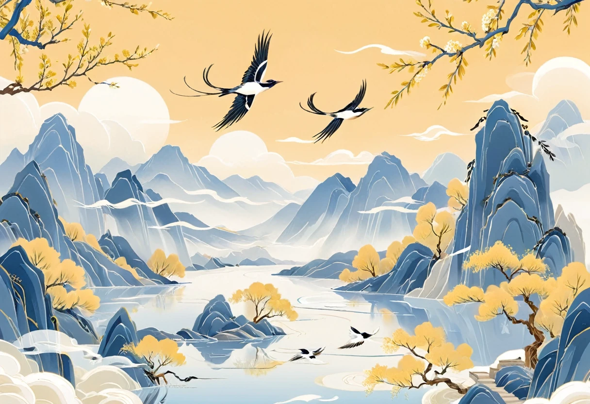 Minimalism，(Golden section composition), (Golden Ratio),Minimalism， Mountain, river, willow，Magpie，Willow branches，willow枝条， spring, Sky, cloud, cartoon, Flat illustration，Chinese style，Chinese，GCCH