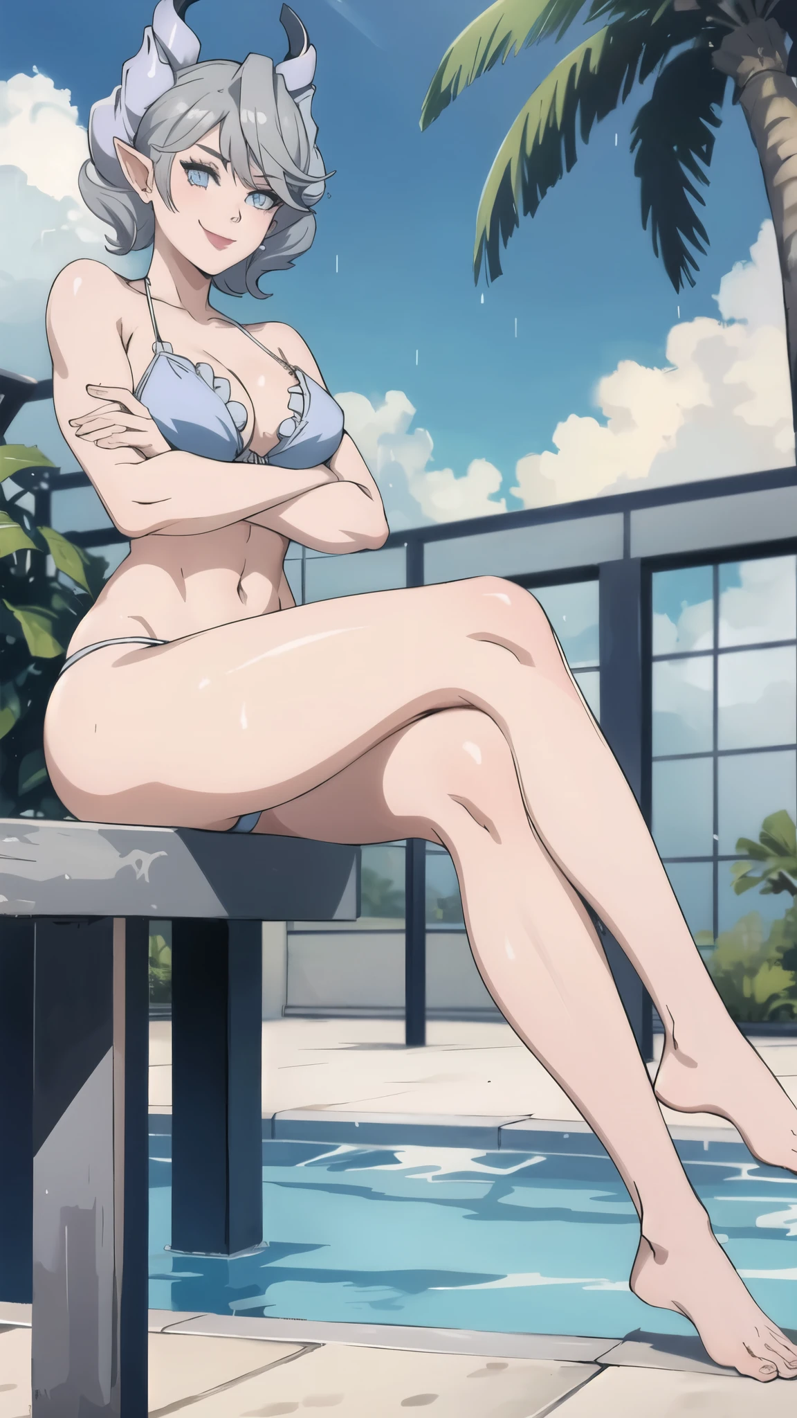 2 boys High level image quality best image quality 8K adult woman pool rain palm trees more colors whole body view portrait golden bikini horn ears short hair((shortcut)(gray hair)(perm)(fluffy)) eye color is blue , , attractive evil face , smile , sexy pose , labrynth , crossed arms, barearm , sittings by the pool , crossed legs , all wet , view foot arc