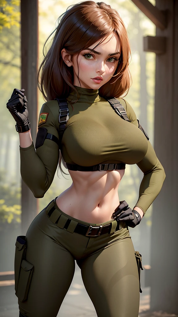 Sexy Woman Big Breasts Athletic Body Nude Tactical Belt Pants Military Green NSFW