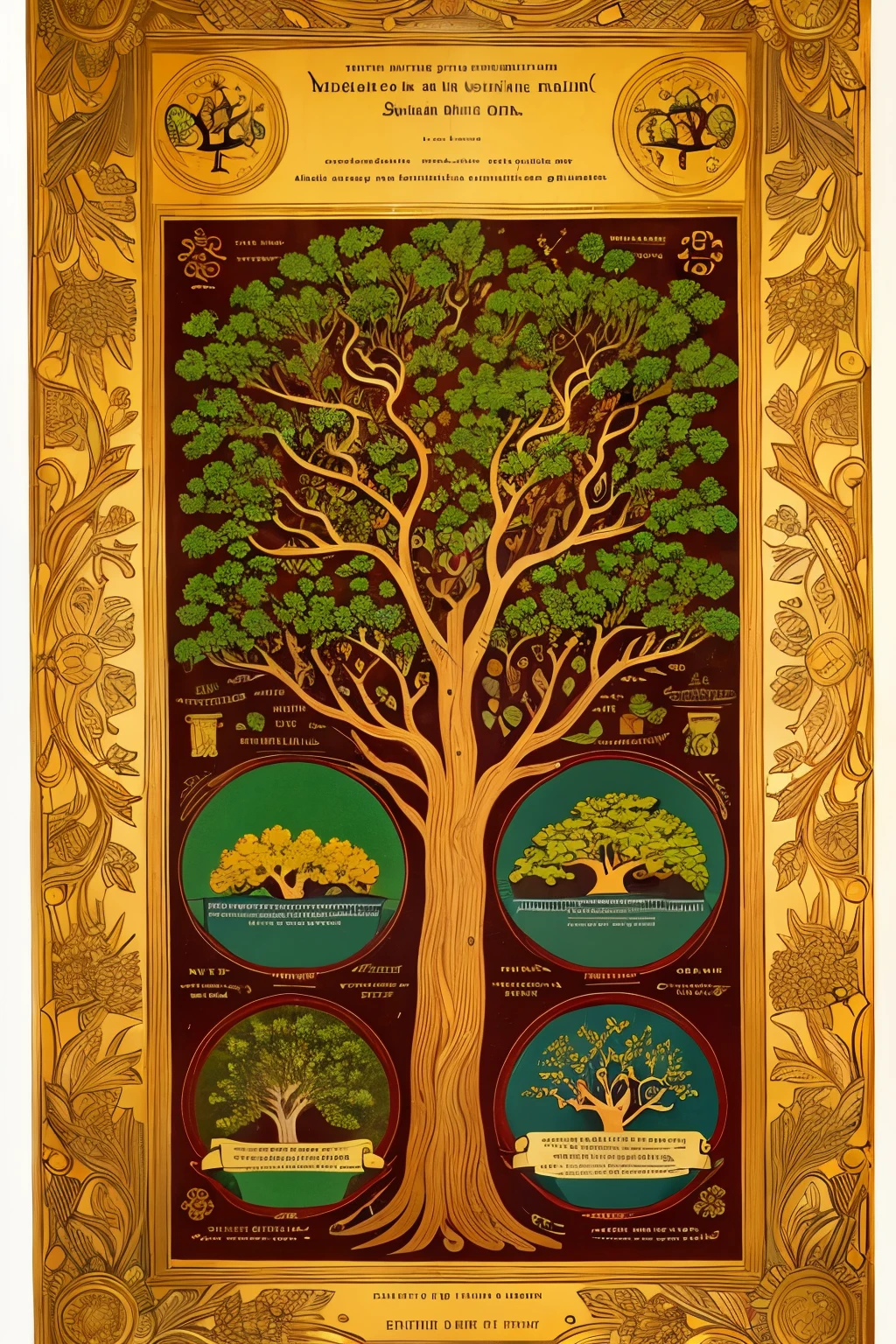 ((Highest quality)), ((masterpiece)), (detailed), Illustration of a large tree, The big tree has many branches.,Each branch of the tree has a motif that suggests various patterns of employment, marriage, and childbirth.,Illustrations suitable for book covers used by public institutions