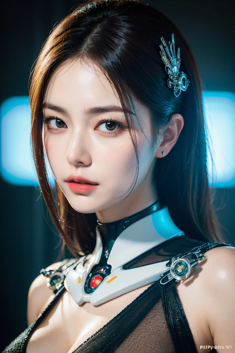 complex ultra detailed 3d rendering of a beautiful porcelain profile woman android face, cyborg, robotic parts, 150mm, beautiful studio with soft light, rim light, vibrant details, luxurious cyberpunk, cord, hyperrealista, anatomical, facial muscles, electric cables, tablet, elegant, beautiful background, octane rendering, h. r. Giger style, 8k, Best Quality, Masterpiece, illustration, an extremely delicate and beautiful, extremely detailed ,CG ,Unit ,wallpaper, (realista, photo-realista:1.37),amazing, Masterpiece,Best Quality, absurdities, incredibly absurdities, robot, silver beads, whole body, session, top-less, big chest