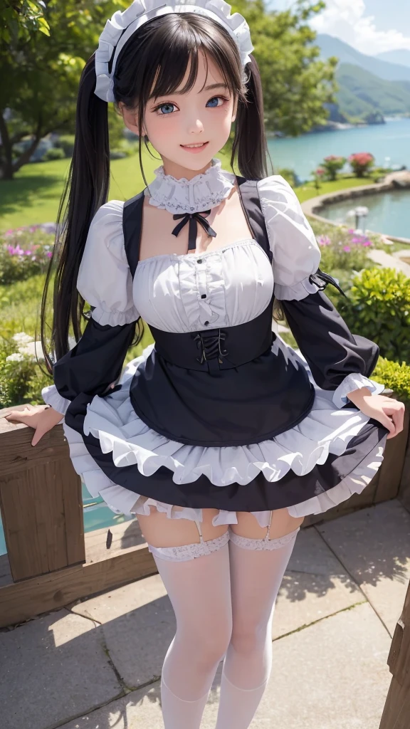 ((masterpiece)), ((highest quality、Ultra high definition)), (Very detailed),8K、Photo quality、((Amazingly cute girl)),( ), Two people, , (Beautiful emerald blue eyes), ((smile)),In the open-air bath overlooking the sea, Beautifully arranged black hair in twin tails、whole body、((Super high-end white see-through summer gothic lolita maid costA super mini skirt with lots of frills))、Professional Lighting、(White lace knee-highore detailed and beautiful)、(More details and cutenesore realistic)、(((Just wear light clothing)))、