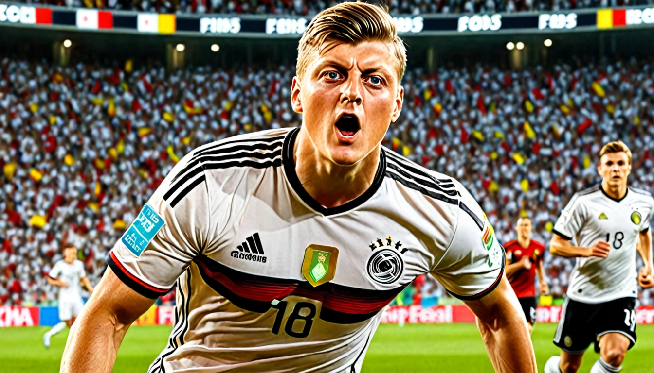 high quality, hyperdetailed, 3d, dynamic, dramatic lighting, highly detailed, photorealistic, 1 german male soccer team, soccer players, athletes, football, soccer, team, sports, sports uniforms, soccer jerseys, cleats, soccer ball, soccer field, stadium, crowds, cheering fans, flags, banners, action pose, muscular figures, sweat, motion blur, depth of field, germnan flag on jersey, (Toni Kroos)