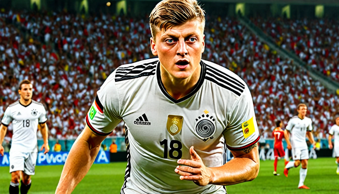 high quality, hyperdetailed, 3d, dynamic, dramatic lighting, highly detailed, photorealistic, 1 german male soccer team, soccer players, athletes, football, soccer, team, sports, sports uniforms, soccer jerseys, cleats, soccer ball, soccer field, stadium, crowds, cheering fans, flags, banners, action pose, muscular figures, sweat, motion blur, depth of field, germnan flag on jersey, (Toni Kroos)