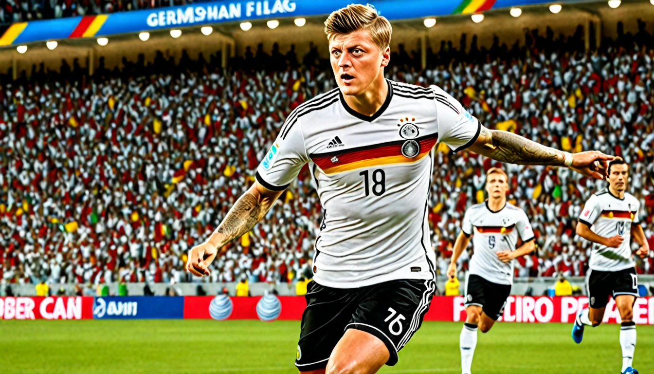 high quality, hyperdetailed, 3d, dynamic, dramatic lighting, highly detailed, photorealistic, 1 german male soccer team, soccer players, athletes, football, soccer, team, sports, sports uniforms, soccer jerseys, cleats, soccer ball, soccer field, stadium, crowds, cheering fans, flags, banners, action pose, muscular figures, sweat, motion blur, depth of field, germnan flag on jersey, (Toni Kroos)