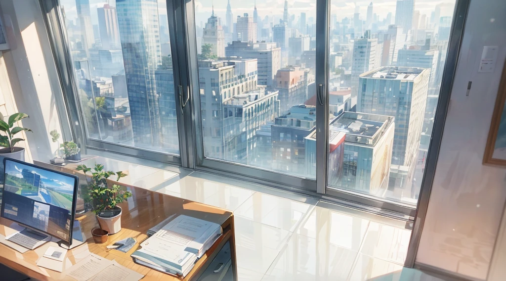 (best quality,masterpiece:1.2,detailed details,4k),((best quality)), ((masterpiece)), (detailed), office, potted plants, computers and documents on the desk,, floor-to-ceiling windows, the street view in the distance outside the window, the scene from the top down,