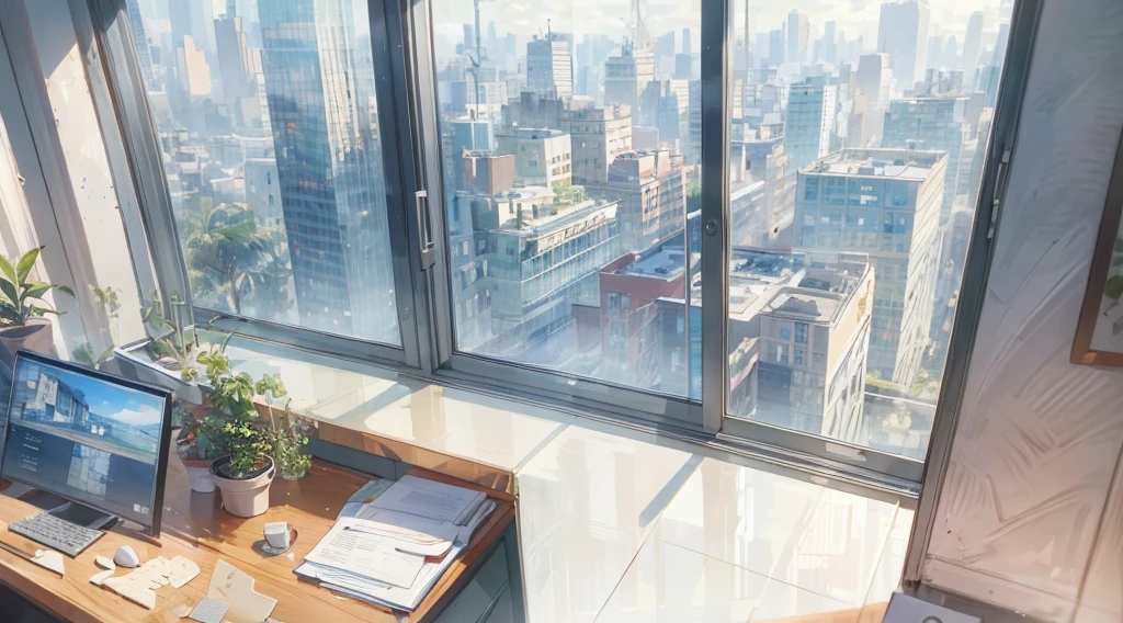 (best quality,masterpiece:1.2,detailed details,4k),((best quality)), ((masterpiece)), (detailed), office, potted plants, computers and documents on the desk,, floor-to-ceiling windows, the street view in the distance outside the window, the scene from the top down,
