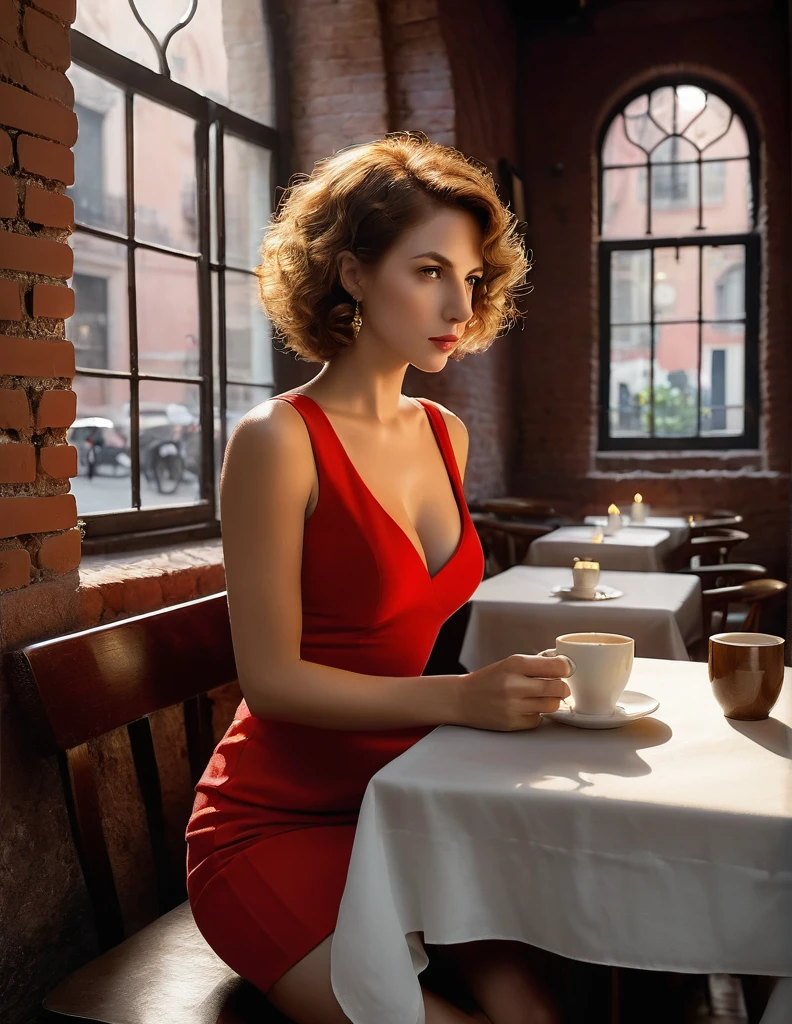 style by Aaron Siskind, masterpiece, very delicate and beautiful, highly detailed, amazing, attention to detail, (masterpiece, best quality:1.2), a 30-year-old sexy woman in a very short tight-fitting red dress, short rare light curly hair, drinking hot tea, one leg crossed over the other, She is contemplating divorce from her husband, wide open legs, On the table, there is a plate with salad and a brownie. In the background, there are brick walls and vaults of a cozy, small, cramped café in Buenos Aires adorned with two painting,votive candle, with evening light streaming in through the window, 2D illustration