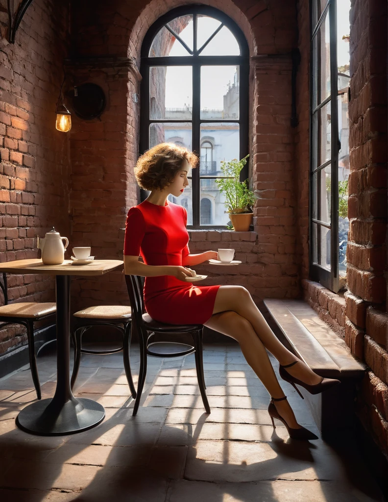 style by Aaron Siskind, masterpiece, very delicate and beautiful, highly detailed, amazing, attention to detail, (masterpiece, best quality:1.2), a 30-year-old sexy woman in a very short tight-fitting red dress, short rare light curly hair, drinking hot tea, one leg crossed over the other, She is contemplating divorce from her husband, wide open legs, On the table, there is a plate with salad and a brownie. In the background, there are brick walls and vaults of a cozy, small, cramped café in Buenos Aires adorned with two painting,votive candle, with evening light streaming in through the window, 2D illustration