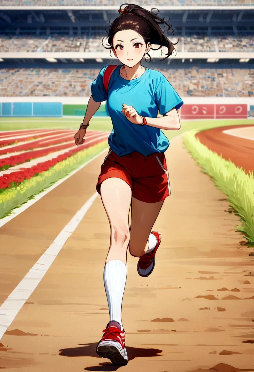 1 person, socks, sneakers, Red shorts, Blue Shirt, Geometry learns multiple times, art, beautiful, colorful, masterpiece, Highest quality, Highest quality, official art, beautiful and aesthetic, running, running Tracking, Tracking and field, bloom, Tracking, Race, Asian, whole body.