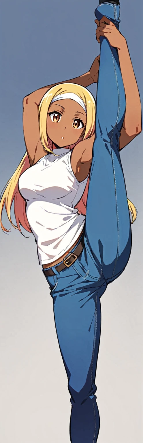 solo,standing_split,
long hair, White sleeveless tank top,blue denim shorts، wearing a hijab