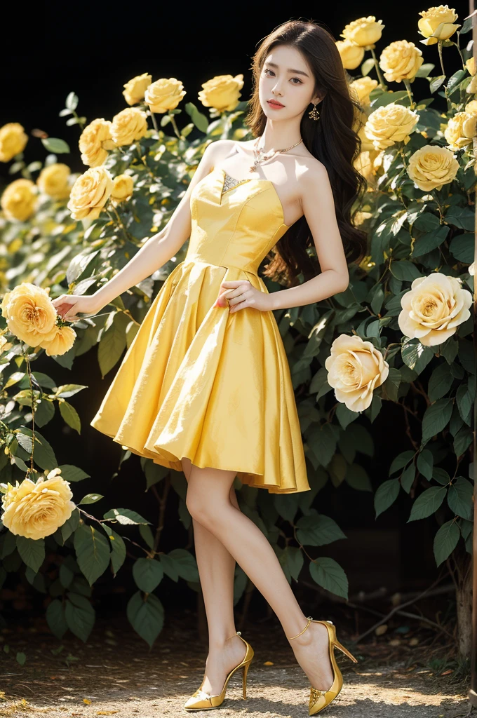 (((best quality))),(((ultra detailed))),(((masterpiece))),illustration, a stunning young girl amidst a sea of yellow roses, yellow rose petal dress,slim,thin, fair skin,shoulder length straight chestnut hair,earrings,necklace,intricate patterns, embellishments, ethereal charm, sparkling eyes, gentle smile,flat chest,small breasts, innocence and grace, yellow roses background, full bloom, fragrance of roses, enchanting presence, delicate fingers, admiration, beauty and nature blend, striking appearance, vibrant yellow color, harmonious equilibrium,lasting impression,standing,((full body,from front)),night scene,slender legs,high heels