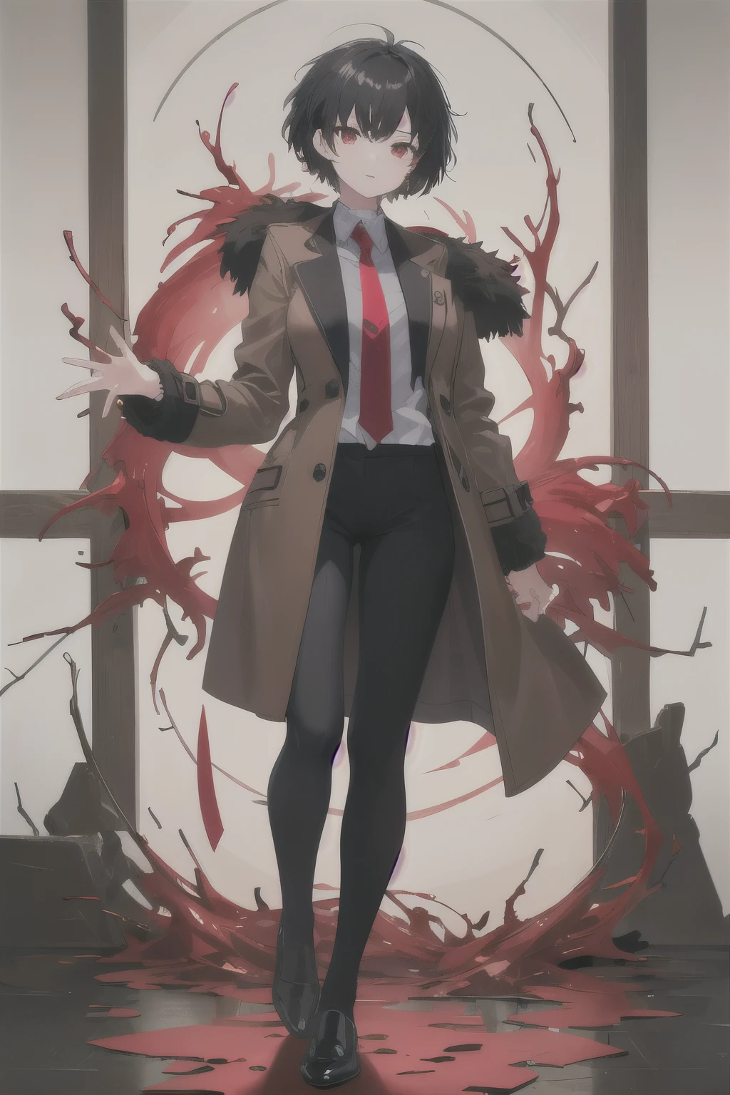 ((best quality)), ((masterpiece)), (detailed), 1girl, short hair, brown coat, black hair, red eyes, messy hair, formal shirt, red tie, full body pose