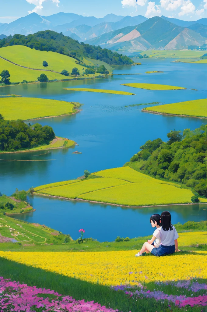 Beautiful summer scenery in Chinese countryside，3 cute and lively kids，Black hair，They are wearing short sleeves and shorts，Roll up your trouser legs，Sitting by the clear pond and laughing；Surrounded by lush greenery and a vast expanse of gorgeous flowers；They contrast beautifully with the blue sky and the hills in the distance.，It forms a peaceful and beautiful picture；In the foreground is a field of colorful flowers。