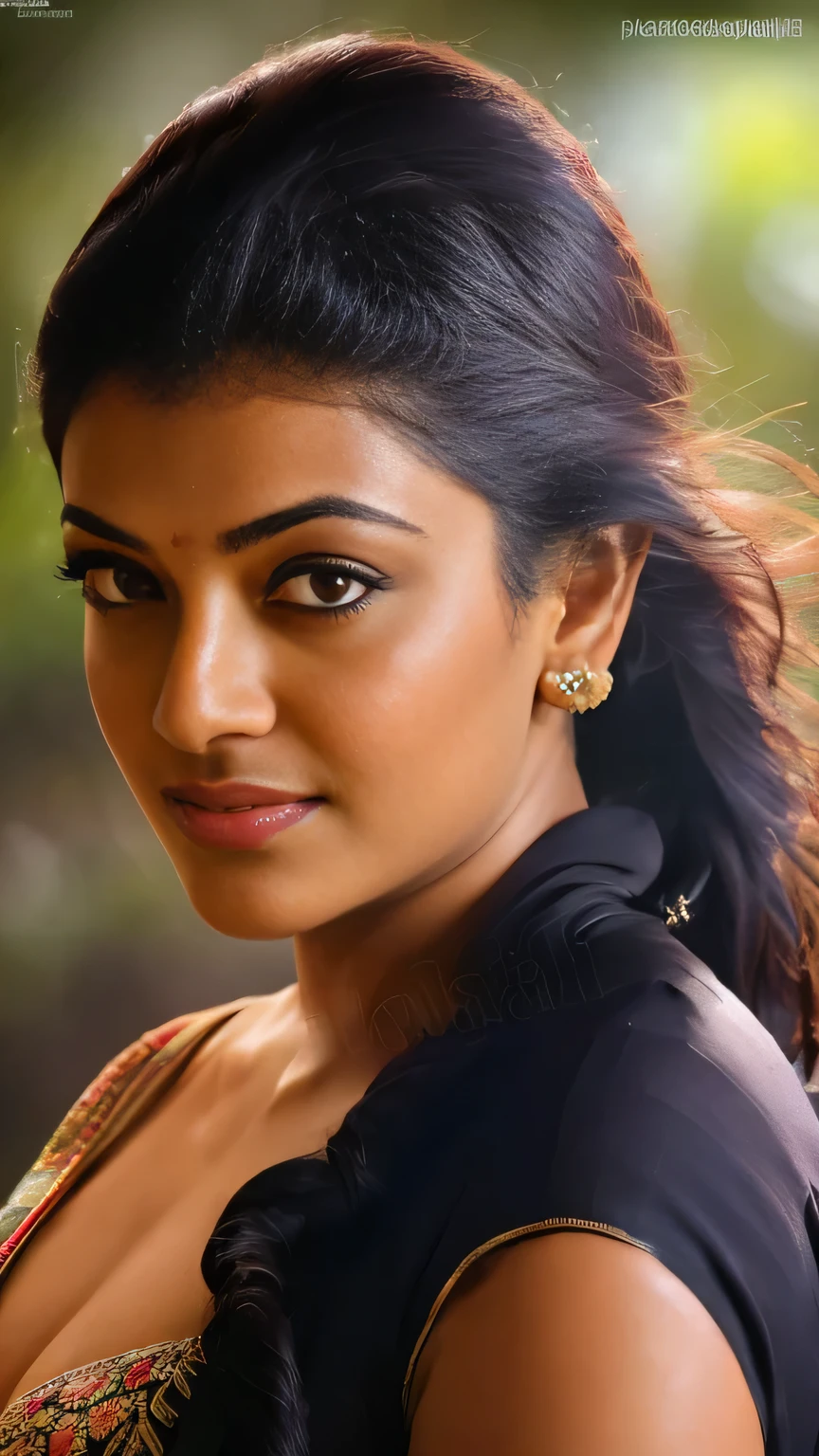 a young woman in a black vintage saree, kajal, seductive look at viewer, standing in a forest scene, day lighting, (best quality,4k,8k,highres,masterpiece:1.2),ultra-detailed,(realistic,photorealistic,photo-realistic:1.37),HDR,UHD,studio lighting,ultra-fine painting,sharp focus,physically-based rendering,extreme detail description,professional,vivid colors,bokeh,photorealistic,portraiture,chiaroscuro,dramatic lighting,natural lighting,beautiful intricate details,beautiful flowing fabric, (huge , cleavage) anikha