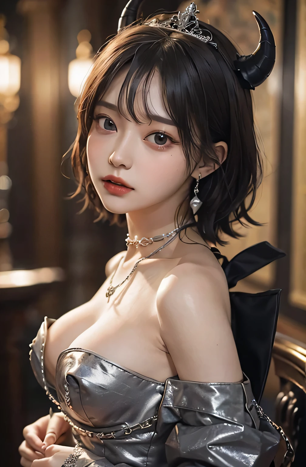 (Highest quality:1.3)、(masterpiece:1.3)、sharp、(Perfect body beauty:1.2)、(Night Scene:1.3)、(Black Dress:1.3)、(Luxurious Room:1.2)、(chain:1.2)、Highly detailed face and skin texture、Detailed eyes、double eyelid、short hair、boyish、unisex、Big eyes、necklace、((One Woman))、bracelet、Earrings、choker、ring、chain accessories、chain、Thick chain collar、(restrain with chains)、((fall to the dark side))、((evil princess))、((Cleavage))、((Side boob))、Off the shoulder、(palace)、((Fantasy Castle))、((The Devil's Bride))、((devil princess))、((Blushing))、(looking at the camera)、(chain choker)、(devil horns)、((devilize))、(sexual excitement)