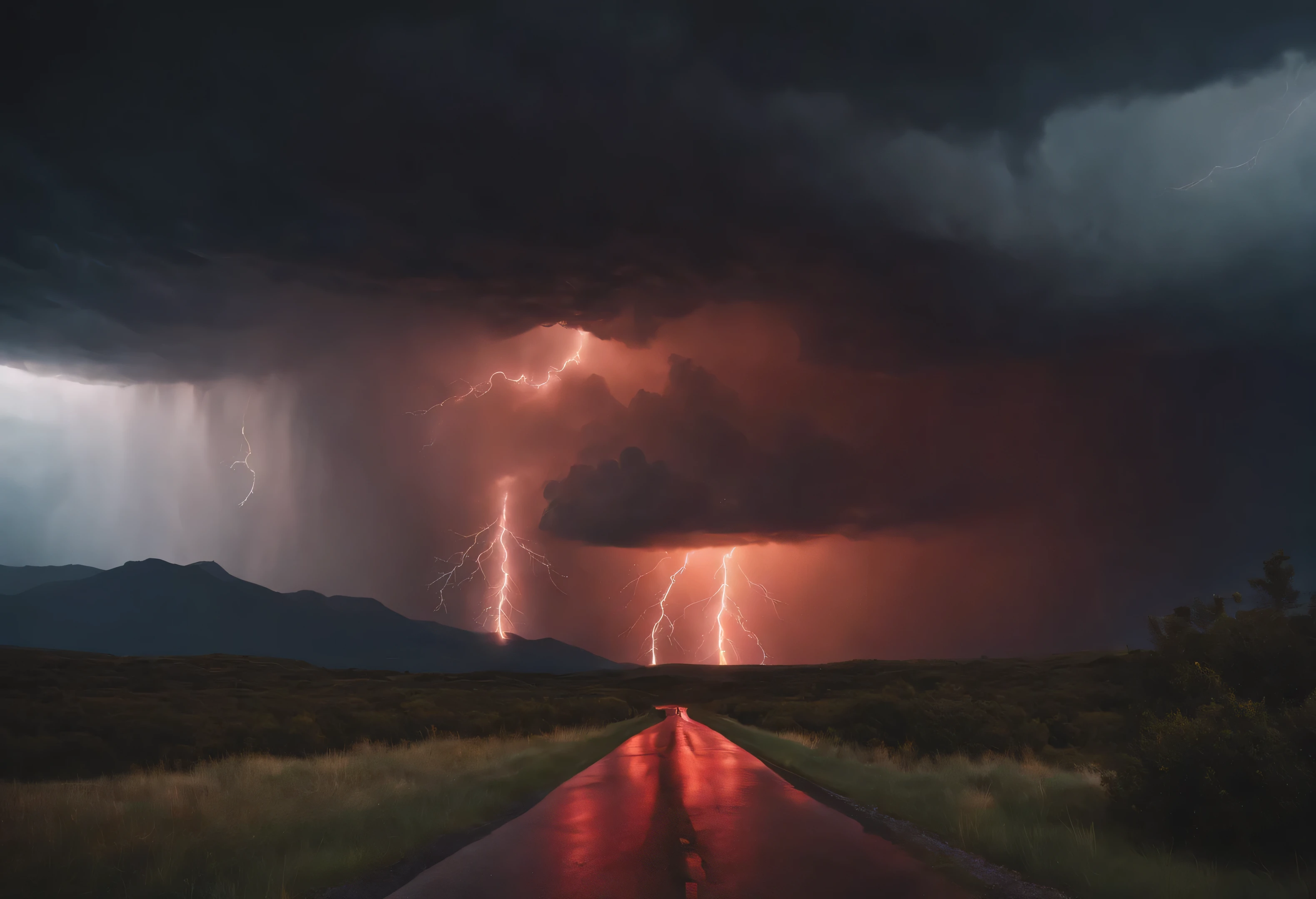 photorealistic, highly detailed, red lightning strikes, dramatic cloudy sky, glowing red lightning bolts, powerful electrical storm, cinematic lighting, moody atmosphere, ultra-detailed, hyperrealistic, dark and ominous, intense colors, HDR, 8k resolution, striking visual effects, dynamic composition, impactful scene, realistic weather, photo-realistic rendering, vivid colors, volumetric lighting, dramatic chiaroscuro, cinematic framing, masterpiece