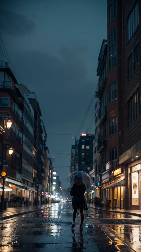 City of night Rain falling on the sidewalk