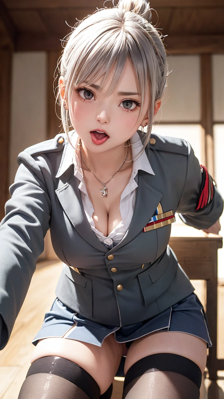 Couples having sexual intercourse、(masterpiece: 1.3), (Maximum resolution: 1.2), (Ultra HD TV: 1.2), Cinematic Light, 8K resolution, Detailed facial features , (Sharp focus: 1.2), (Shoot the whole body with a focus on the face),Perfect Style, Beautiful Face, Acura, Anatomically correct, Highly detailed face and skin quality感, Beautiful Eyes,ThroughkBright Eyes, Natural Cheeks, Glowing Skin, (Glossy Lips: 1.4),、 (A 恥ful expression: 1.2),Highly detailed face and skin quality, Natural Cheeks, , Glossy Lips,Exposed cleavage、(White mucus on chest:1.6)(White mucus on thighs:1.6)、Please open your knees、decision、Glaring at the camera、Spread your legs、Sparkly little earrings and necklace、Disheveled clothes、stockings、Drenched in sweat、stockings 、Sit on a chair、Silver Hair、Blue-gray eyes、Green-gray eyes,(Miniskirt military uniform:1.4)、scarf、Commanded by the enemy、Mature figure、Hold the penis with your hand and lick it with your tongue、Open Mouth、Tongue licking male genitalia、Blowjob