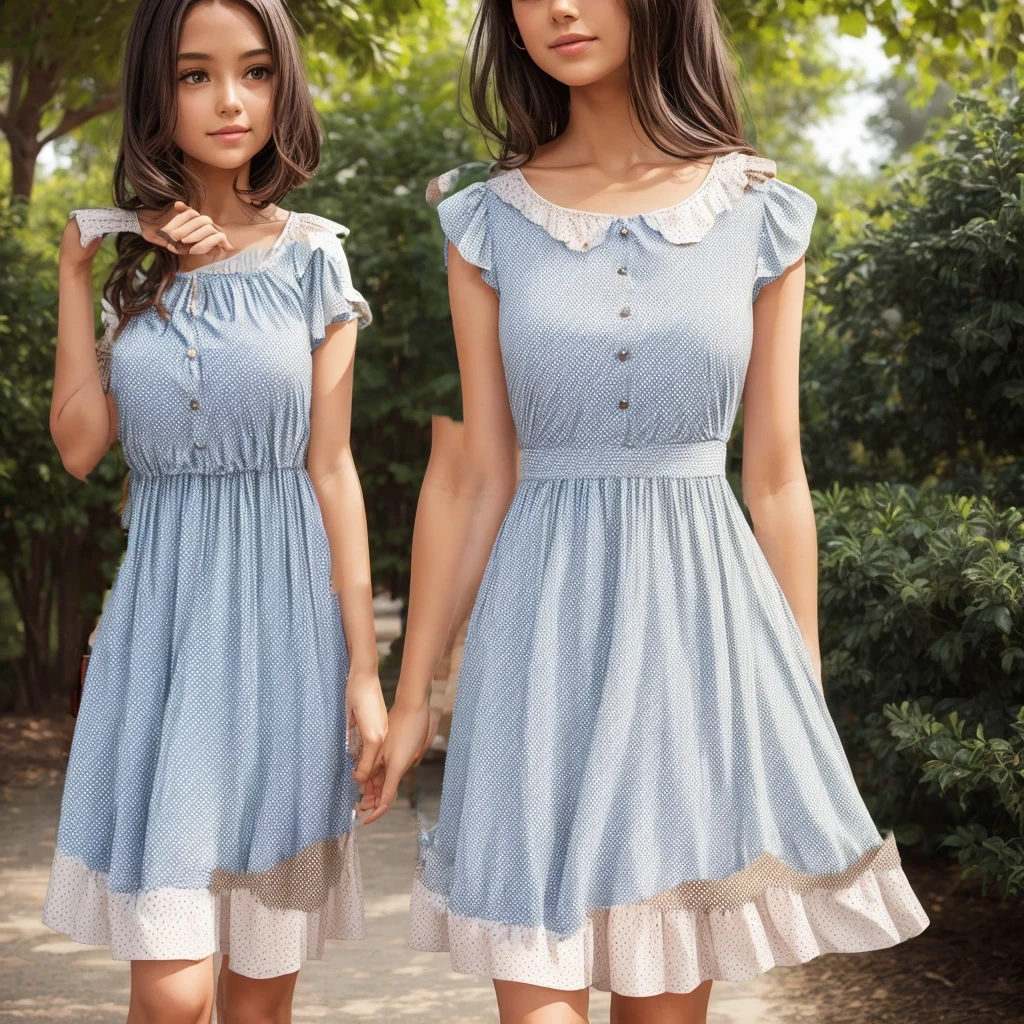 The color is darker, polka dots on the dress 