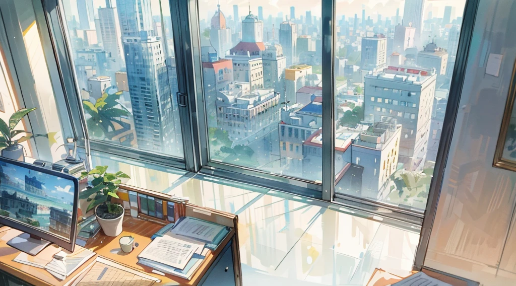(best quality,masterpiece:1.2,detailed details,4k),((best quality)), ((masterpiece)), (detailed), office, potted plants, computers and documents on the desk,, floor-to-ceiling windows, the street view in the distance outside the window, the scene from the top down,