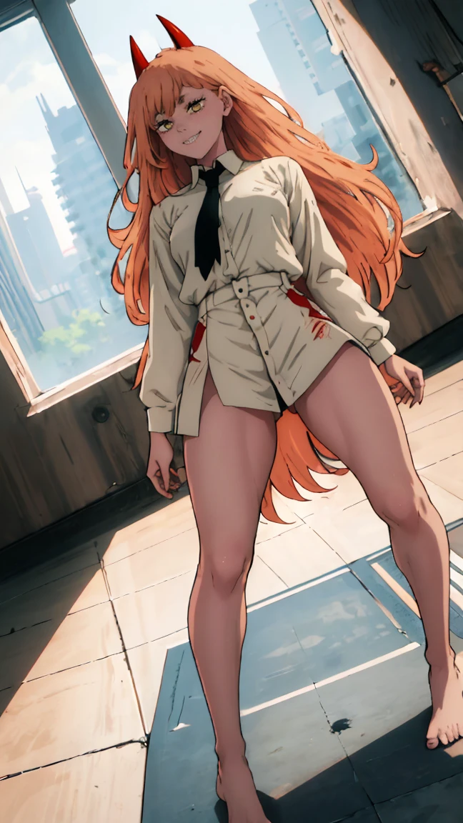 (Best quality), (masterpiece), (only), 1 girl, Maybe_XM, peach hair, full length (full body 1.1), yellow eyes, cross-shaped pupils, pupils in the form of symbols, red horns, white button up shirt, black tie, sharp teeth, smile, long hair, whole body