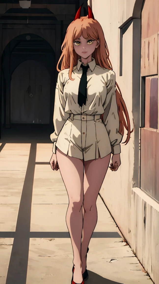 (Best quality), (masterpiece), (only), 1 girl, Maybe_XM, peach hair, full length (full body 1.1), yellow eyes, cross-shaped pupils, pupils in the form of symbols, red horns, white button up shirt, black tie, sharp teeth, smile, long hair, whole body