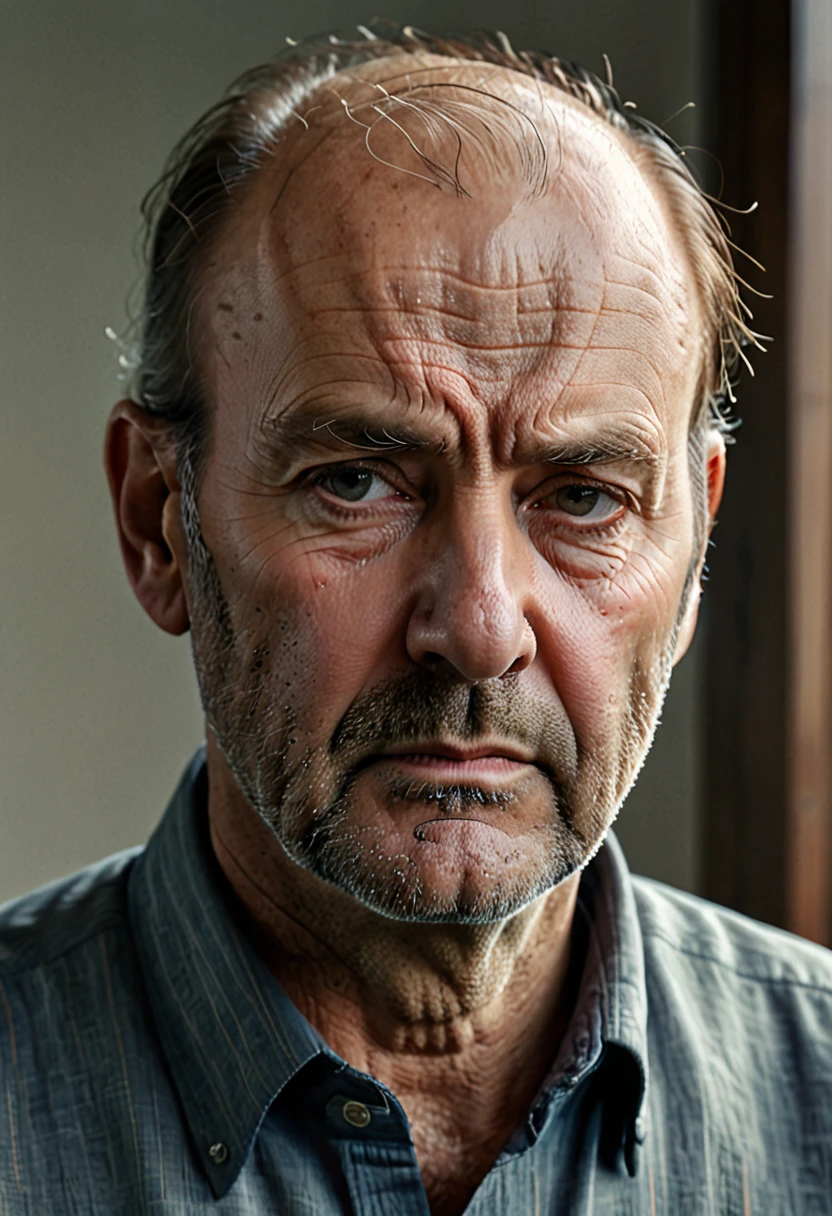 a man with thinning hair,balding man,mature man,middle aged man,aging man,sad expression,worried look,concerned face,thoughtful pose,indoor setting,natural lighting,muted colors,realistic portrait,photorealistic,hyperrealistic,8k,high resolution,detailed facial features,detailed skin texture,detailed hair strands,masterpiece,professional quality