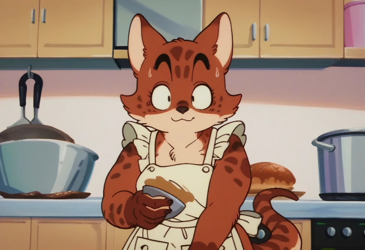 anime screencap,drgbls1, solo, anthro hedghog,apron, female,score_9, score_8_up, score_7_up, score_6_up, upper body,kitchen, 