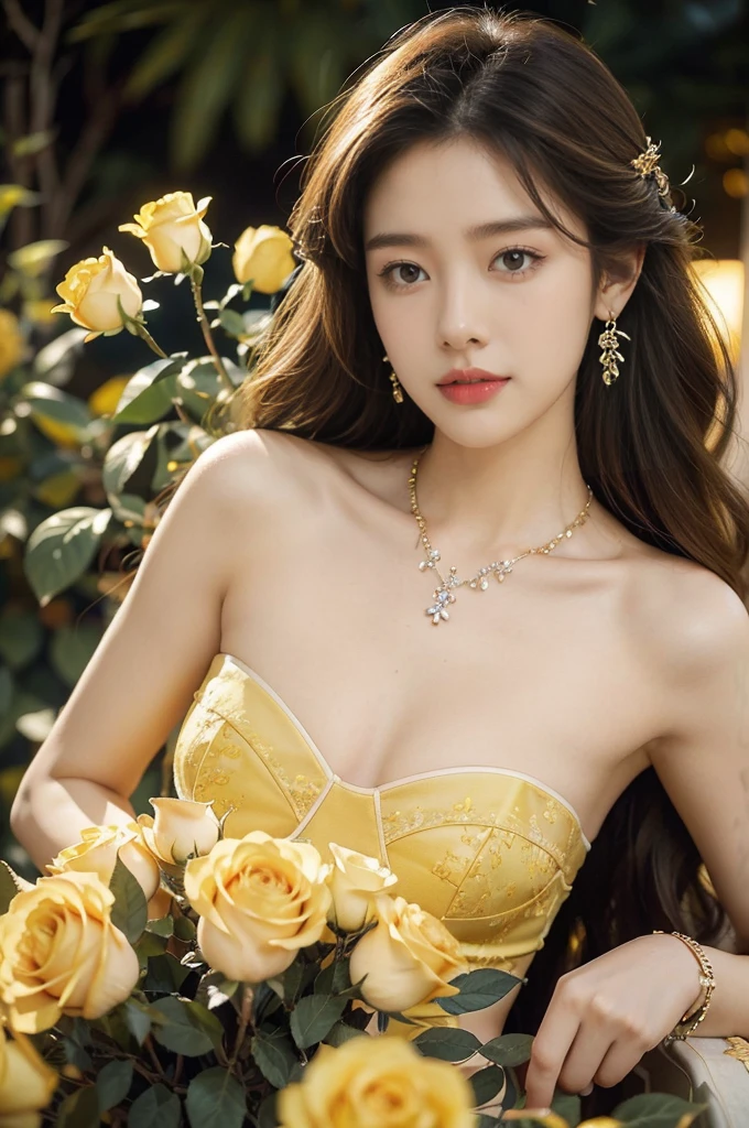 (((best quality))),(((ultra detailed))),(((masterpiece))),illustration, a stunning young girl amidst a sea of yellow roses,strapless yellow rose petal bra,slim,thin, fair skin,shoulder length straight chestnut hair,earrings,necklace,intricate patterns, embellishments, ethereal charm, sparkling eyes, gentle smile,flat chest,small breasts, innocence and grace, yellow roses background, full bloom, fragrance of roses, enchanting presence, delicate fingers, admiration, beauty and nature blend, striking appearance, vibrant yellow color, harmonious equilibrium,lasting impression,standing,((close-up of face,from front)),night scene,