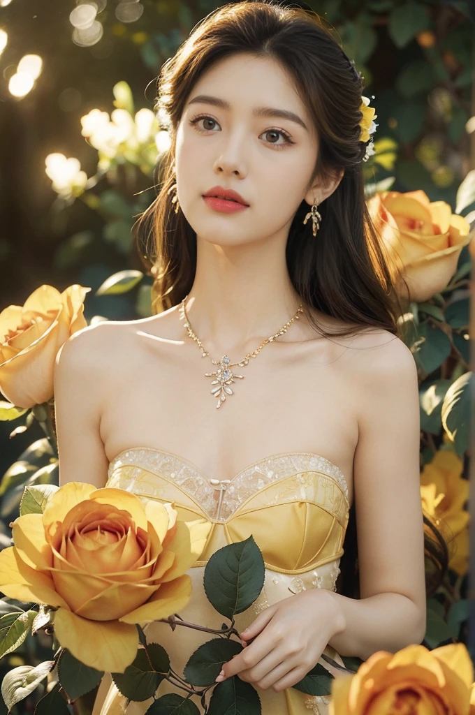 (((best quality))),(((ultra detailed))),(((masterpiece))),illustration, a stunning young girl amidst a sea of yellow roses,strapless yellow rose petal bra,slim,thin, fair skin,shoulder length straight chestnut hair,earrings,necklace,intricate patterns, embellishments, ethereal charm, sparkling eyes, gentle smile,flat chest,small breasts, innocence and grace, yellow roses background, full bloom, fragrance of roses, enchanting presence, delicate fingers, admiration, beauty and nature blend, striking appearance, vibrant yellow color, harmonious equilibrium,lasting impression,standing,((close-up of face,from front)),night scene,