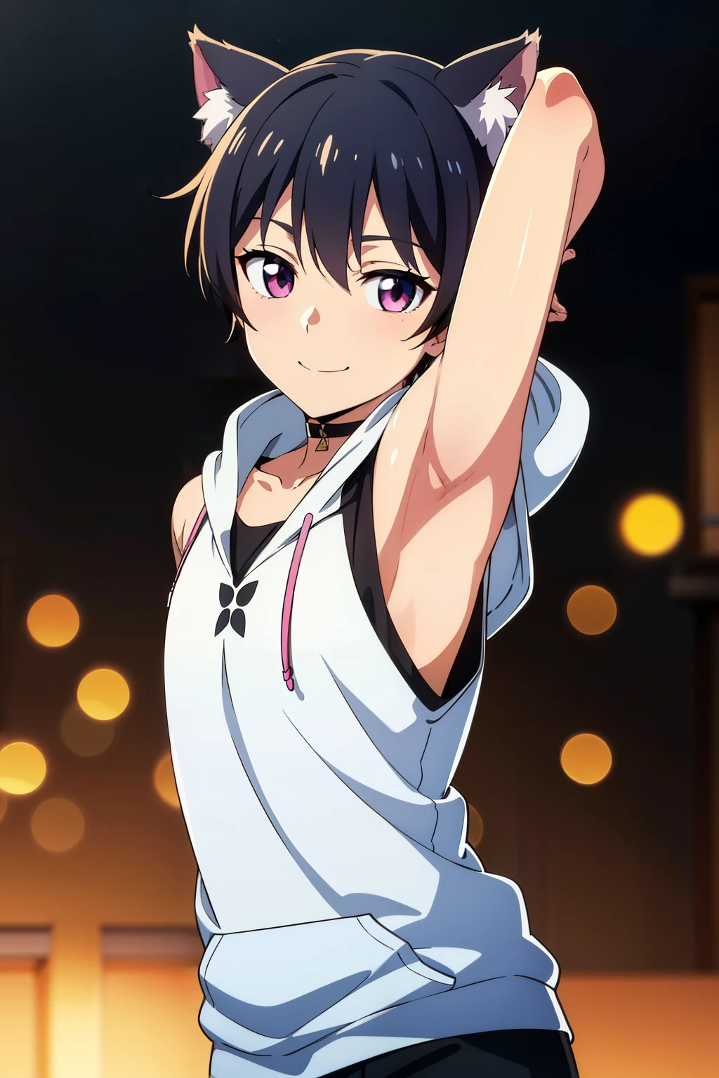 Highres, Masterpiece, Best quality at best,Best Quality,hight quality, hight detailed, Anime style, 1boy, Boy, , Shota, cat ear, Solo person, Sleeveless hoodie, Choker, Slim body, upper body, smile, blurry background, (Seen from the front), The armpits of a 12 year old boy, Adorable little armpits, (Showing armpit:1.3), (very young boy), (very small and short body), Age 12,Uhd, bokeh