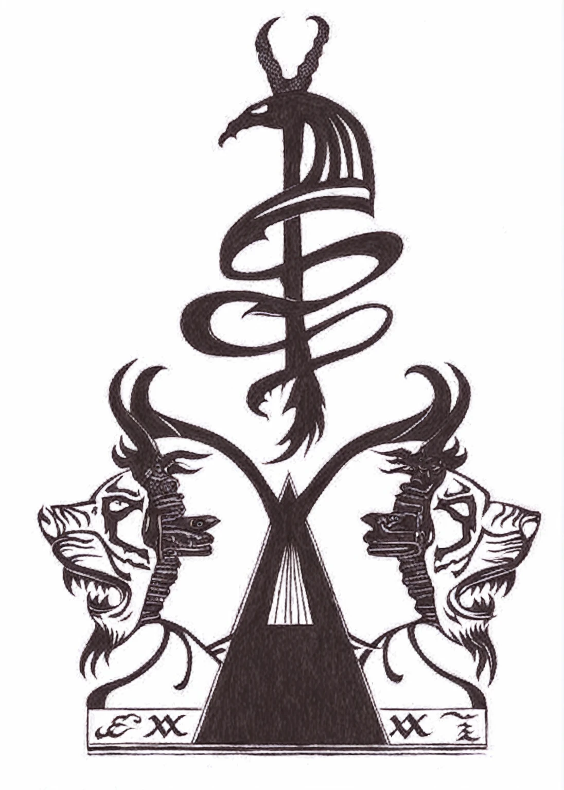 a black and white drawing of a dragon and a pyramid with a snake, lsd tattoo design, sigil, tattoo design, orthodox symbolism diesel punk, inscribed with occult symbols, intricate devilish designs, concept tattoo design, demonic sigils, by Rodney Joseph Burn, demonic symbols, black metal band logo, an alchemical art illustration, ancient symbol behind it