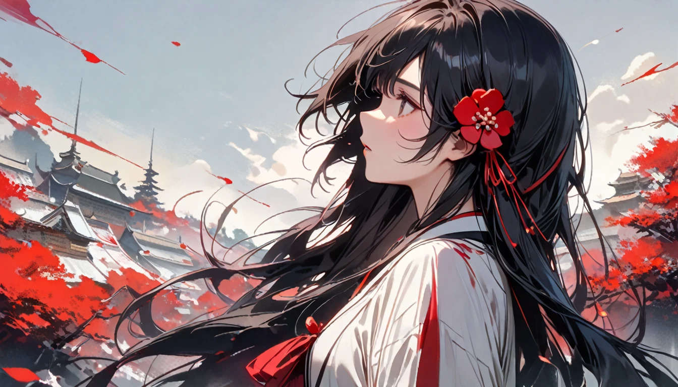 Highest quality, Katsushika Hokusai, Ink Painting, (((longhair))), (((Pale red kimono))), (((Big red ribbon on head))), Red spider lily, beautiful girl, Black Hair, Delicate and precise, Modern ukiyo-e style, Red Eyes