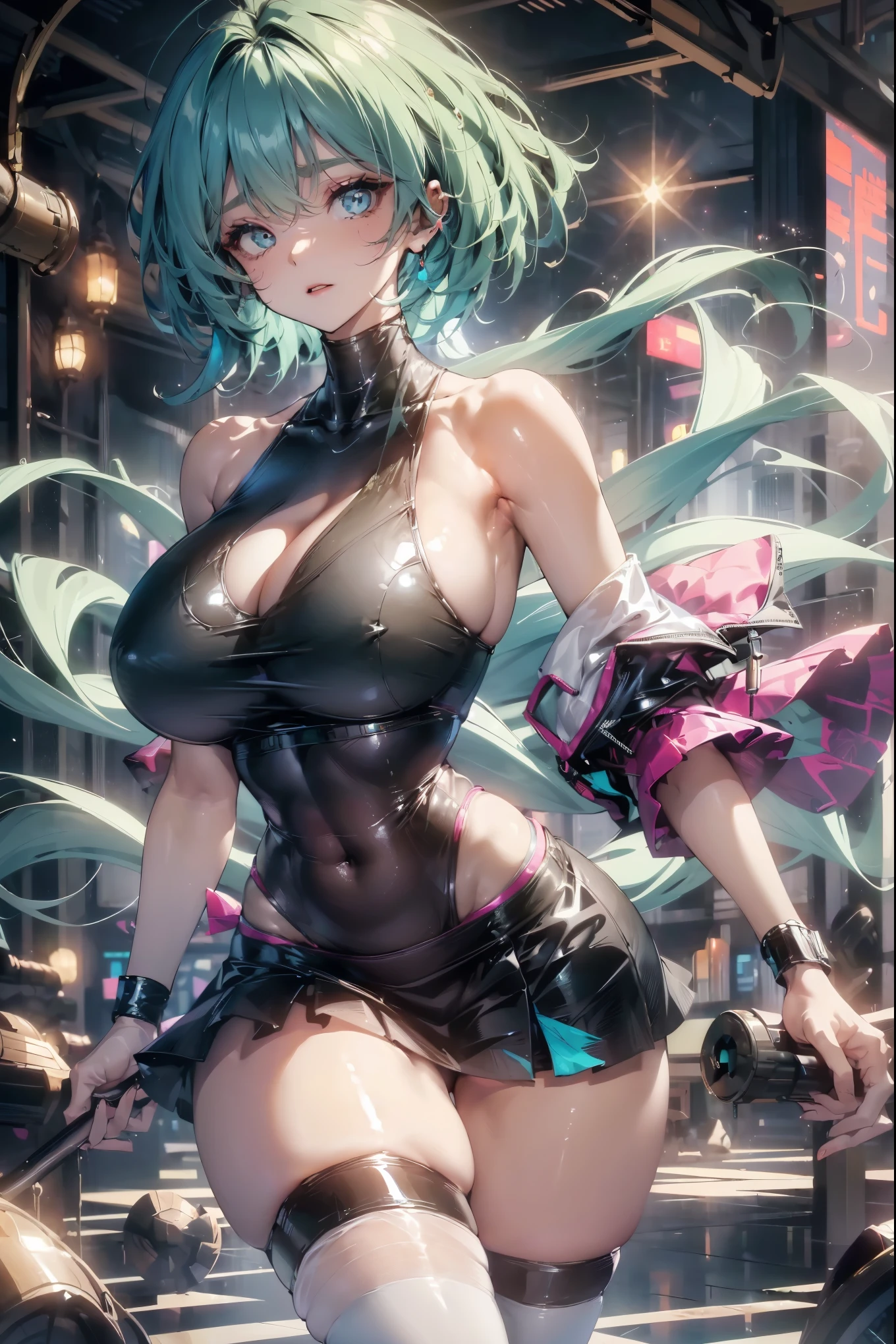 1 girl, Solitary, Anatomically correct, short hair, curls, 浓密的curls, Cyan hair, Green Hair, Beautiful blue eyes, Medium size , Small waist, Wide hips, Hourglass figure, Juicy thighs, Wearing short sportswear, Side Breast, Turtleneck Sports, Bare shoulders, bare arm, mini skirt, Sexy short skirt, knee, stocking, stocking squeezing her thighs, Sexy pose, 8K, best quality,huge , Crazy breast swelling, Chest larger than shoulder blades, Big breasts and thin waist，(huge breasts:1.2)，Hydrated skin（（rogue））（（非常huge乳房）），（（Grooves reveal original skin）)