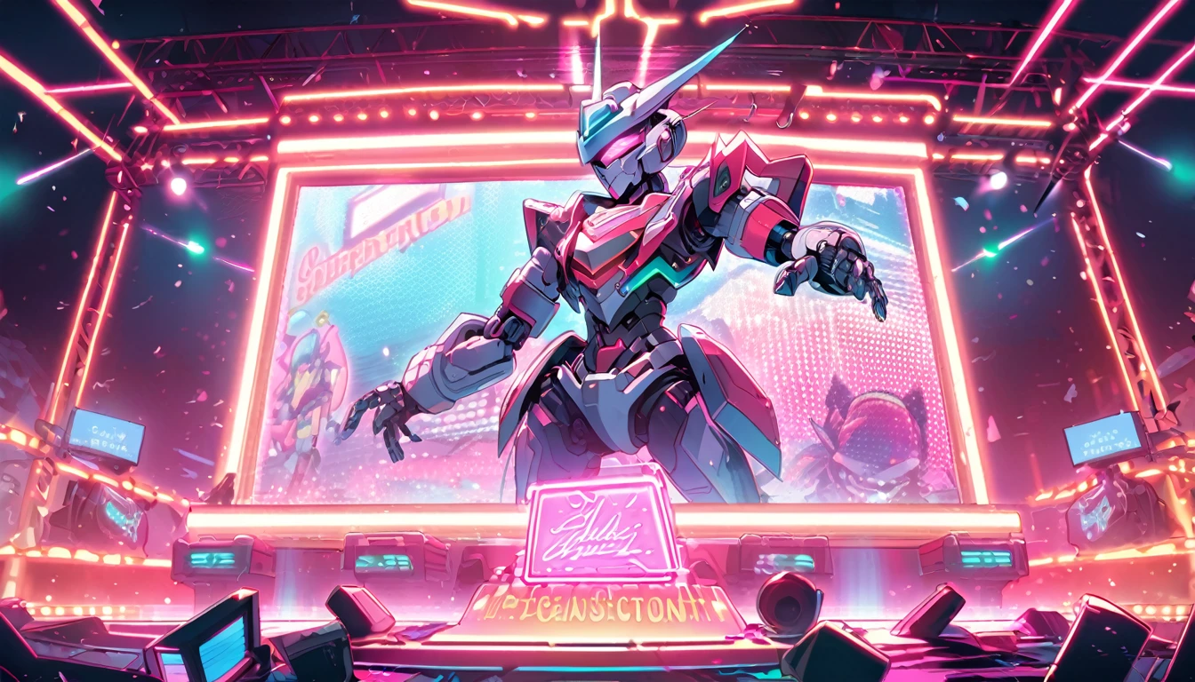 Concert atmosphere on stage, robot style sound system, neon lights, robots, 80s neon lights, large stage.