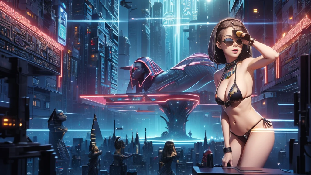 (((a large-breast bikini slim GIRL with black micro sunglasses))), (((aiming at viewer with a pistol))), a balcony of a futuristic building, aerial view of an ultra-futuristic megalopolis, many metal buildings and houses in dark colors from dark blue to black, a cidade tem tons de cinza metal, has smoky metal structures , industrial environment with smoke and fog around, carros escuros nas ruas, desert megalopolis, trilhos e trens modernos de de metal passando estre as ruas da cidade, tall futuristic metal buildings, many ultra modern buildings around, (((an Egypt sphinx statue on the top of building))), realistic, detailed, sci-fi.