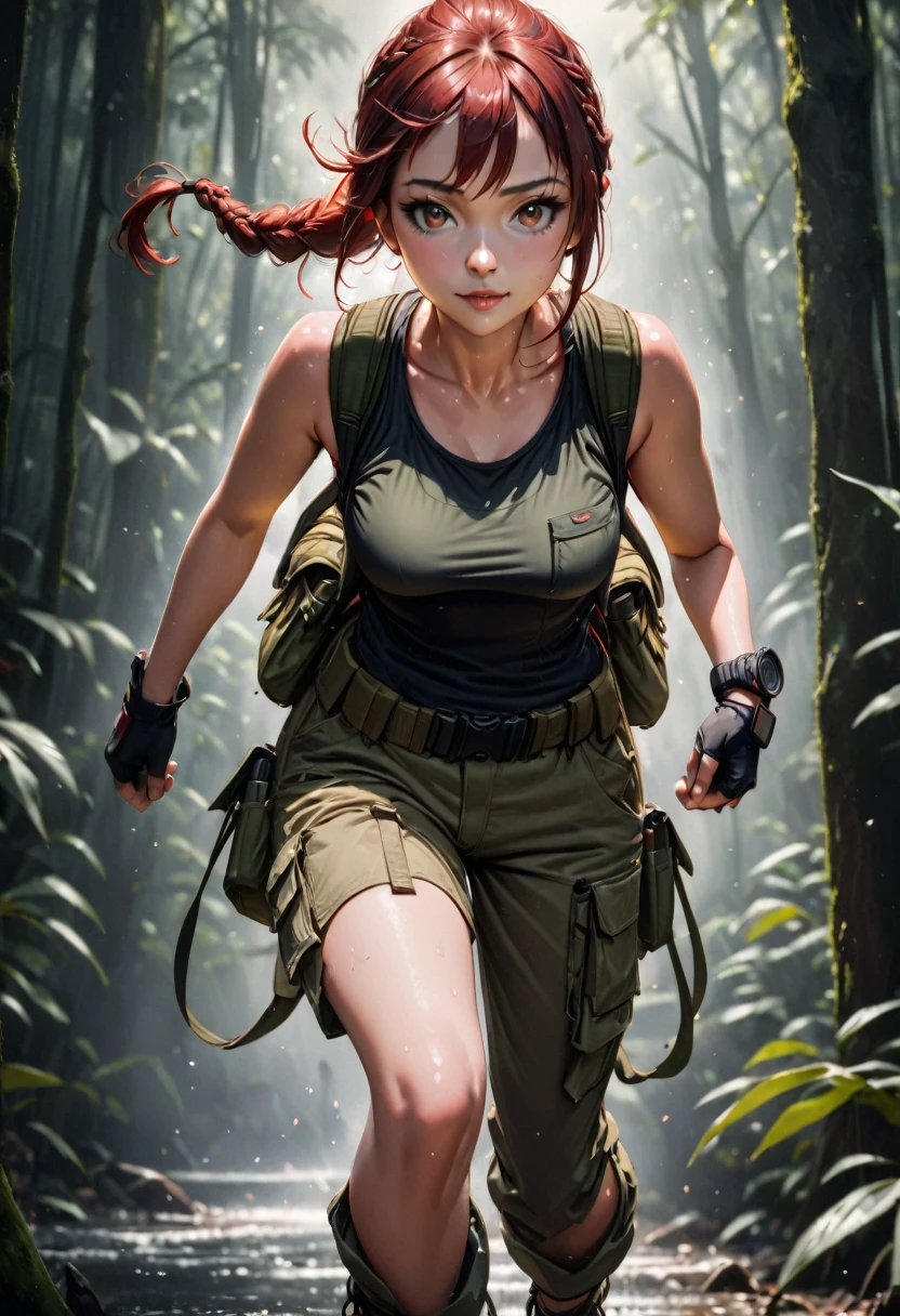 8k resolution, depth of field, lens flare, photorealistic,((best quality)), (((intricate details))), highly detailed, (((cinematic effect))), looking at viewer,A young red-haired woman usually dressed in a tank top, often olive green or black, tight-fitting and sleeveless, allowing freedom of movement. She wears shorts or cargo pants, usually khaki or dark green in color, with several pockets to store her equipment. His outfit includes a utility belt with a buckle, pistols in a holster on each side, and additional pouches for ammo and tools. She wears sturdy combat boots that provide ankle support and grip for climbing and running. Lara also wears fingerless gloves, a watch, and a backpack to carry larger items. Her hair is usually tied into a practical ponytail or braid. , emphasizing his desire for adventure in the Amazon forest,no anatomical defects, fine details, dynamic lighting, high quality.