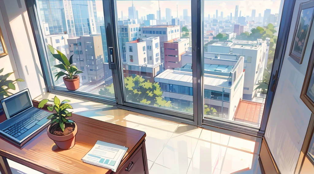 (best quality,masterpiece:1.2,detailed details,4k),((best quality)), ((masterpiece)), (detailed), office, potted plants, computers and documents on the desk,, floor-to-ceiling windows, the street view in the distance outside the window, the scene from the top down,