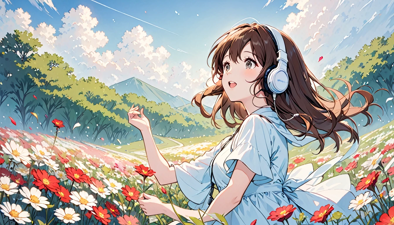 Girl wearing headphones,Singing in a flower field,Brown Hair,One girl,bright