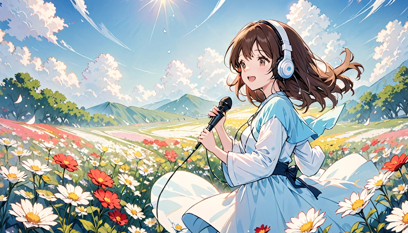 Girl wearing headphones,Singing in a flower field,Brown Hair,One girl,bright