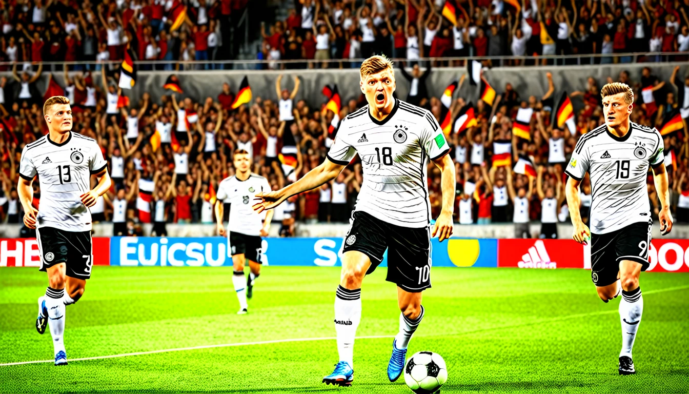 high quality, hyperdetailed, 3d, dynamic, dramatic lighting, highly detailed, photorealistic, 1 german male soccer team, soccer players, athletes, football, soccer, team, sports, sports uniforms, soccer jerseys, cleats, soccer ball, soccer field, stadium, crowds, cheering fans, flags, banners, action pose, muscular figures, sweat, motion blur, depth of field, germnan flag on jersey, (Toni Kroos)