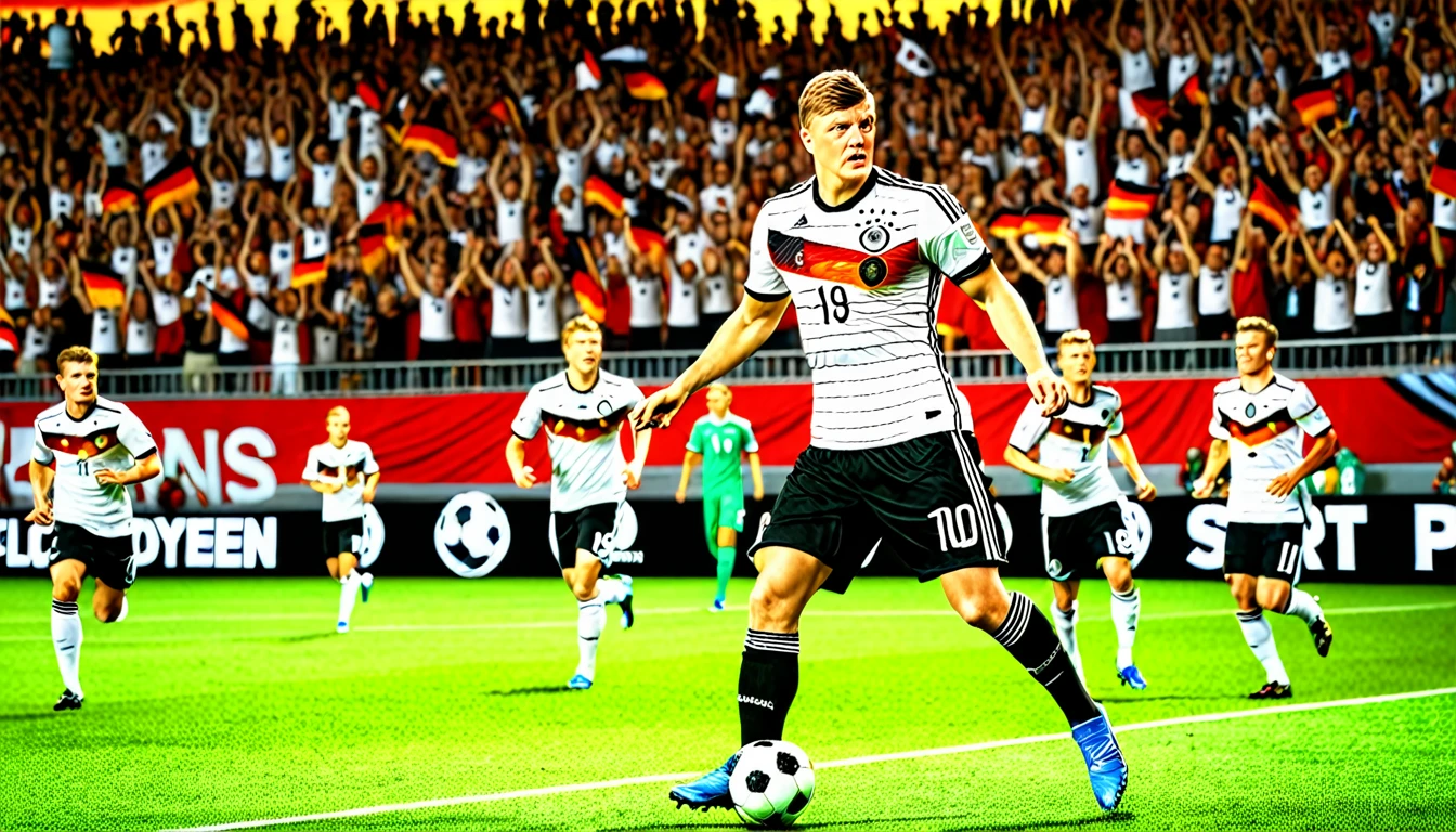 high quality, hyperdetailed, 3d, dynamic, dramatic lighting, highly detailed, photorealistic, 1 german male soccer team, soccer players, athletes, football, soccer, team, sports, sports uniforms, soccer jerseys, cleats, soccer ball, soccer field, stadium, crowds, cheering fans, flags, banners, action pose, muscular figures, sweat, motion blur, depth of field, germnan flag on jersey, (Toni Kroos)