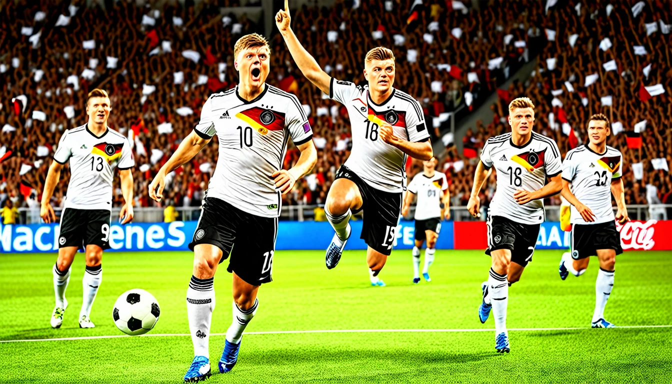 high quality, hyperdetailed, 3d, dynamic, dramatic lighting, highly detailed, photorealistic, 1 german male soccer team, soccer players, athletes, football, soccer, team, sports, sports uniforms, soccer jerseys, cleats, soccer ball, soccer field, stadium, crowds, cheering fans, flags, banners, action pose, muscular figures, sweat, motion blur, depth of field, germnan flag on jersey, (Toni Kroos)