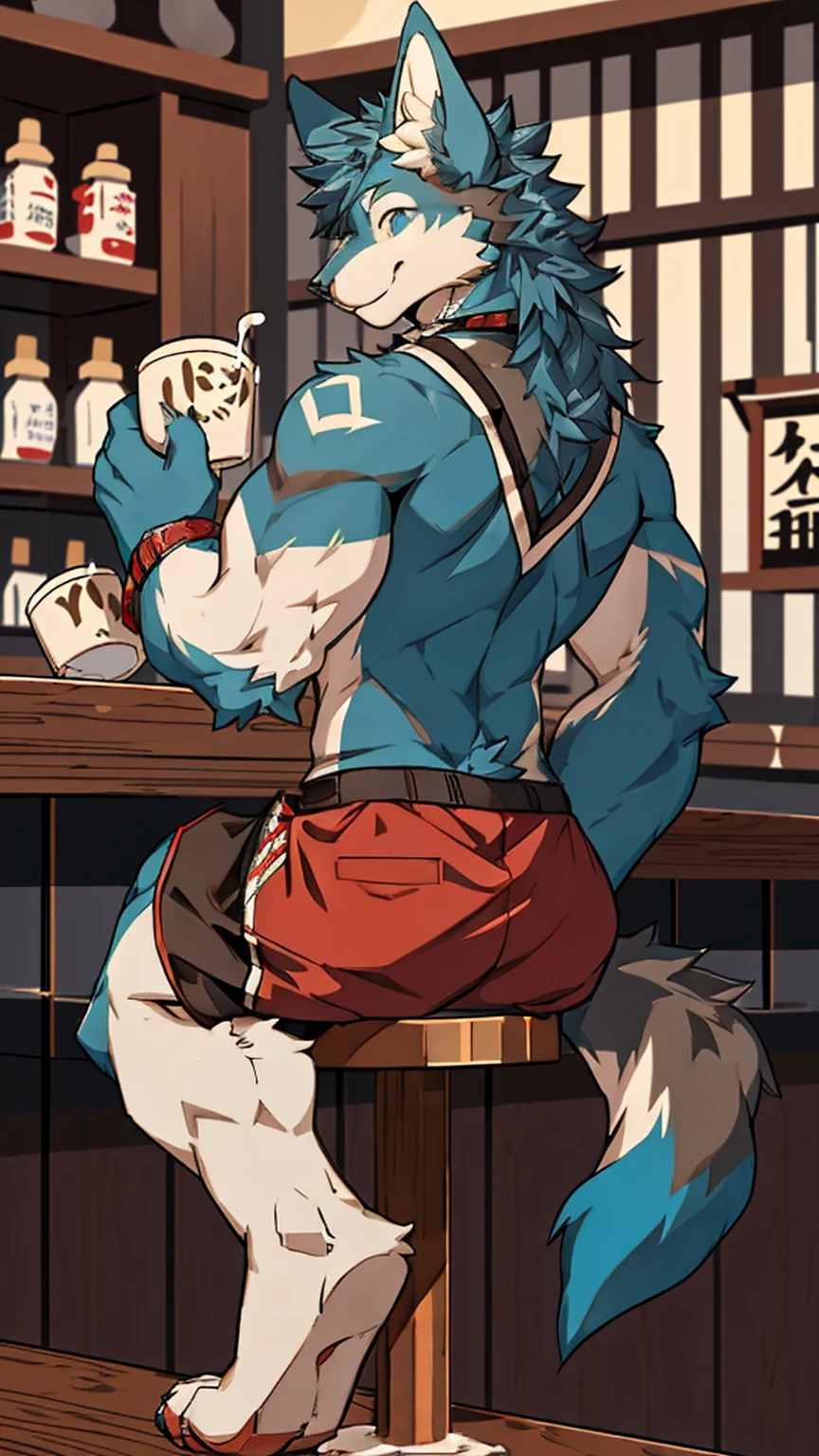 adult male, anthro wolf, nude, dat ass, big butt, looking at viewer, looking back at viewer, grin, grinning at viewer, arrogant expression, smug, blue body, blue fur, black mouth, yellow sclera, red scarf, wrist wraps, arm strap, wolf tail, blue tail, athletic male, twerking,