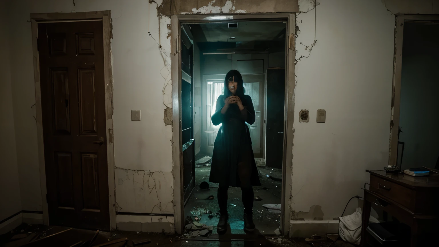 ghost with big breasts behind a wall, hiding from visitors in an abandoned house at night.