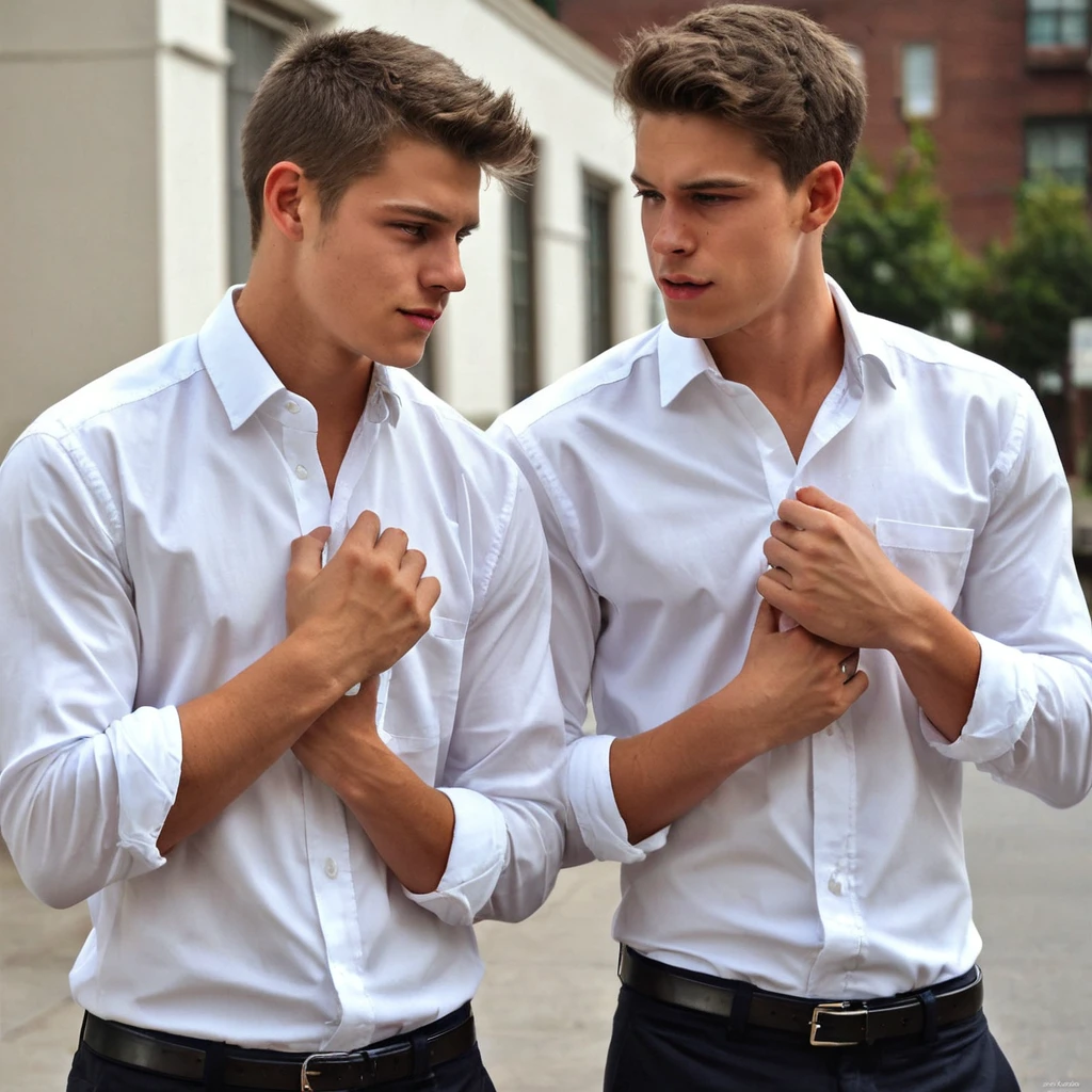 2 hot guys, wearing a white button up shirt, detailed, hotbromance ************